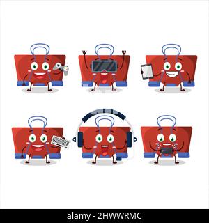 Red binder clip cartoon character are playing games with various cute emoticons. Vector illustration Stock Vector
