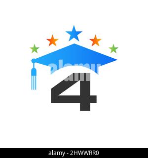 Education logo with 4 letter hat concept. Graduation logo with 4 letter vector Stock Vector