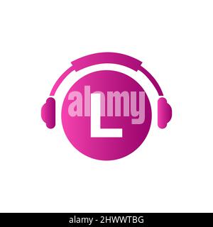 Headphone Template On L Letter. Letter L Music Logo Design. Dj Music And Podcast Logo Design Headphone Concept Stock Vector
