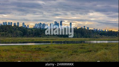 Burnaby, Vancouver, British Columbia, Canada. Beautiful View of a modern city in a stormy and rainy day. Cityscape Buildings. Travel photo, selective Stock Photo