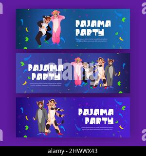 Pajama party posters with happy people in kigurumi dance at night. Vector invitation flyers with cartoon illustration of slumber party with characters in funny pyjamas and confetti Stock Vector