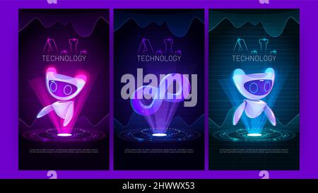 AI technology banners with cute robots and infinity symbol hologram. Vector posters of artificial intelligence and smart machine with cartoon illustration with futuristic virtual bots Stock Vector