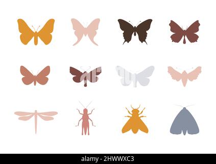 Butterfly silhouette collection in bohemian style. Hand drawn moth, dragonfly, bee and grasshopper. Isolated boho clipart. Vintage celestial design Stock Vector