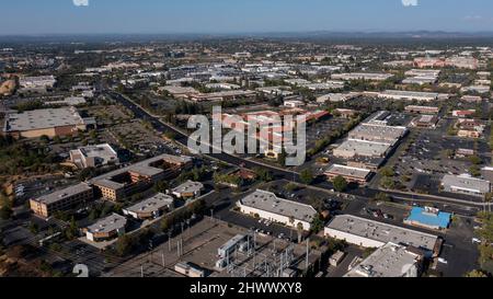 Late afternoon aerial view of the urban downtown core of Roseville, California, USA. Stock Photo