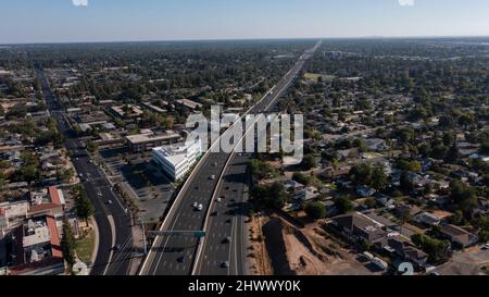 Late afternoon aerial view of the urban downtown core of Roseville, California, USA. Stock Photo