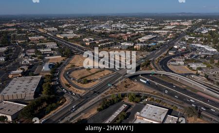 Late afternoon aerial view of the urban downtown core of Roseville, California, USA. Stock Photo