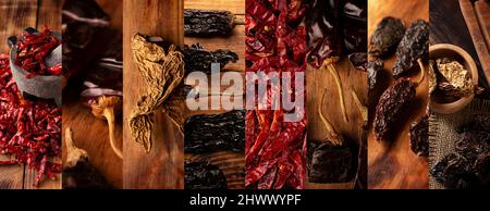 Panoramic collage of different assortment of mexican dried chili peppers. Chile Morita, Guajillo, de arbol, Chipotle and Pasilla. Used in a variety of Stock Photo