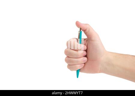 Pressing mechanical button ballpoint pen with your thumb, on white background Stock Photo