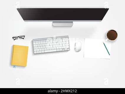 Top view of workplace background, monitor, keyboard, notebook, phone, documents, planner, coffee. Workspace, analytics, optimization, management. Vect Stock Vector