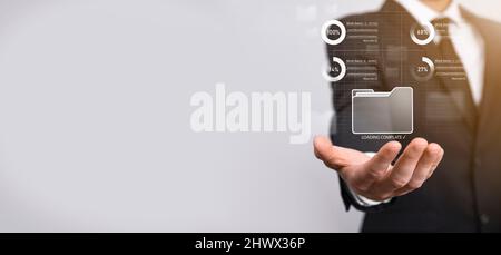 Business developer hand using board framework on virtual modern computer showing innovation Agile software development lean project management tool fa Stock Photo