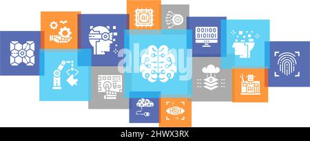 Artificial Intelligence line icons banner. Robotics, Chatbot, Database, Big Data promotion illustration for ecommerce banner. Stock Vector