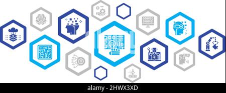 Artificial Intelligence color icon banner design. Robotics, Chatbot, Database, Big Data flat vector illustration Stock Vector