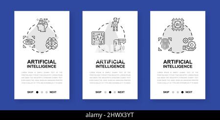 Artificial Intelligence mobile app screens. Robotics, Chatbot, Database, Big Data vertical banners for website design illustration. Stock Vector