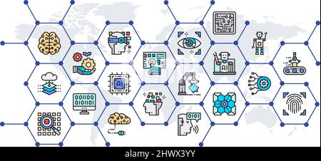 Artificial Intelligence presentation banner with colored icons. Robotics, Chatbot, Database, Big Data infographics for web business concept. Stock Vector