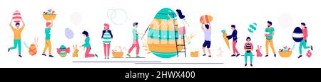Happy Easter set, vector illustration. People decorating eggs, carrying Easter baskets feeding cute bunny with carrot. Stock Vector