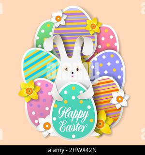 Cute bunny with Easter eggs, flowers, vector paper cut illustration. Happy Easter greeting card design template. Stock Vector