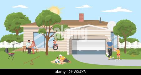 Family home outdoor rest in backyard, vector illustration. Grandparents, parents with kids on barbecue party or picnic. Stock Vector