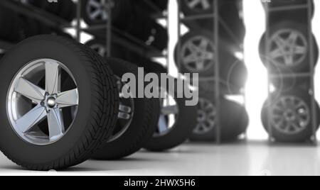 Tires and Rims for Car - 3D Rendering Stock Photo