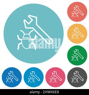 Bug fixing outline flat white icons on round color backgrounds Stock Vector