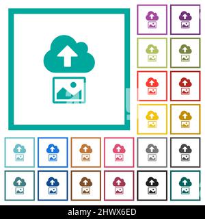Upload image to cloud solid flat color icons with quadrant frames on white background Stock Vector