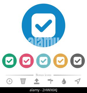 Checkbox solid flat white icons on round color backgrounds. 6 bonus icons included. Stock Vector