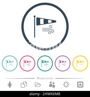 Windsock indicator with wind solid flat color icons in round outlines. 6 bonus icons included. Stock Vector