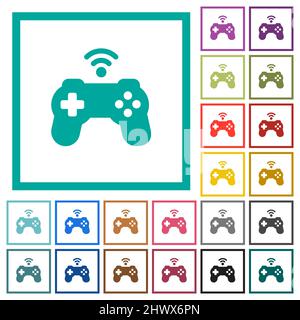 Wireless game controller solid flat color icons with quadrant frames on white background Stock Vector