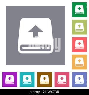Upload from hard disk flat icons on simple color square backgrounds Stock Vector
