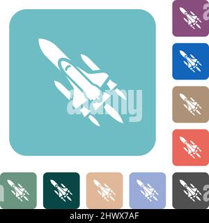 Space shuttle with launchers white flat icons on color rounded square backgrounds Stock Vector