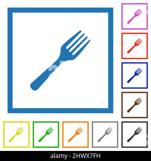 Single fork solid flat color icons in square frames on white background Stock Vector