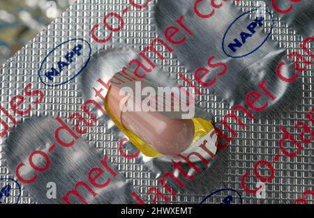 Close up of a co-danthramer capsule being removed from blister packaging. Co-danthramer is used as only by terminally ill patient suffering from const Stock Photo