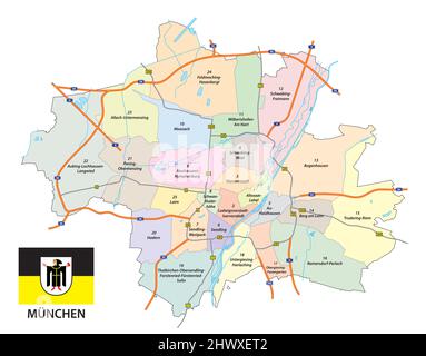 road and administrative map of the bavarian capital munich Stock Vector