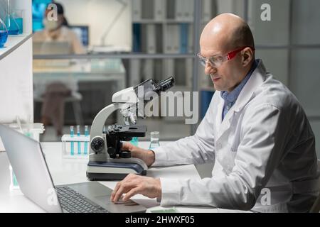 Bald mature chemist in lab coat entering data in computer while using microscope during scientific experiment or research Stock Photo
