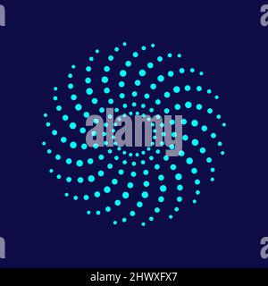 Cyan halftone logo on dark blue background. Technology background swirl design element. Dotted whirl spiral. Circular spinning whirl symbol. Vector Stock Vector