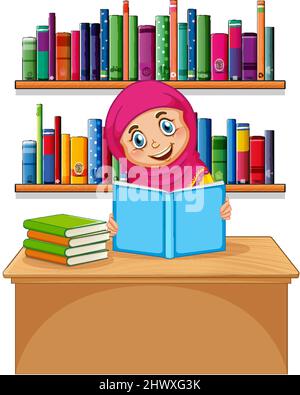 Muslim girl reading book on white background illustration Stock Vector