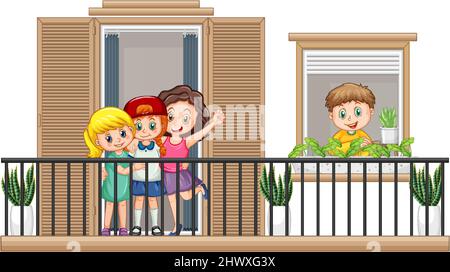 Children standing on the balcony  illustration Stock Vector