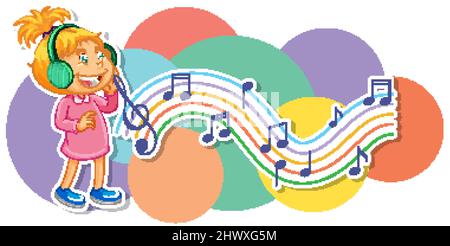 A little girl listen to music with music notes on white background illustration Stock Vector
