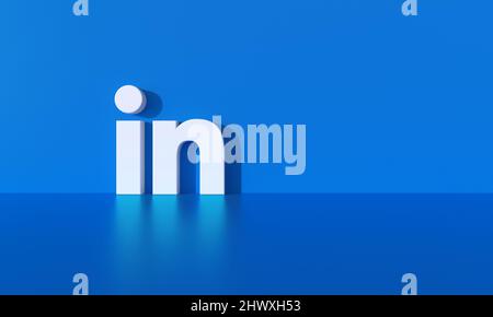 Linkedin logo on blue wall background with hard shadow and space for text and graphics. 3d Rendering. Stock Photo