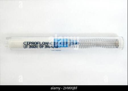 Ciprofloxacin, used to treat and prevent certain infections caused by bacteria.  It has also been known that Ciprofloxacin is used to treat anthrax in Stock Photo