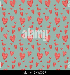 Seamless pattern with red watercolor hearts Stock Photo