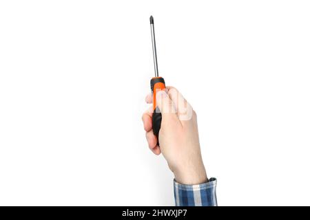 Male hand holds screwdriver, isolated on white background Stock Photo