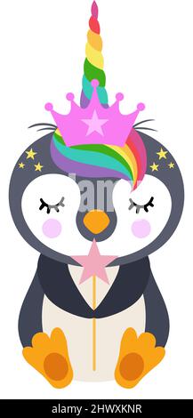 Cute unicorn penguin holding star magic wand Stock Photo
