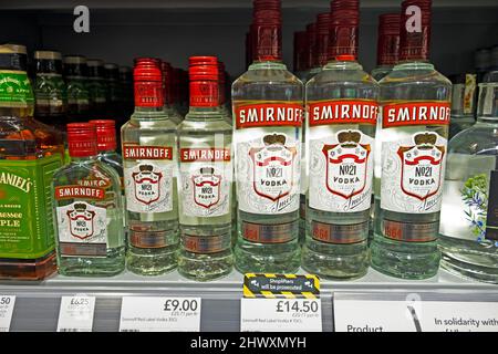 Bottles of Russian Vodka for sale on supermarket shelf shelves at Co Op supermarket 7 March 2022 Great Britain KATHY DEWITT Stock Photo