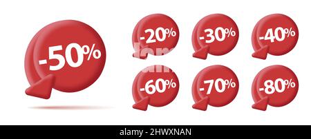 Set of digital red labels for sale discounts percent, circle with arrow down for decrease price, tags bubbles Stock Vector