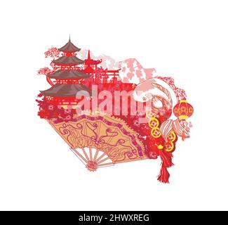 Japanese koi vintage fan - artistic abstract illustration Stock Vector