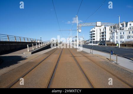 Tram tracks running along the south promenade on the seafront in Blackpool, Lancashire, UK Stock Photo