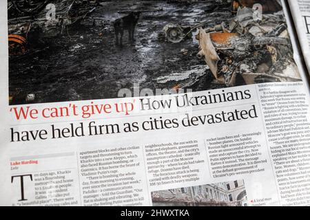 'We can't give up' How Ukrainians have held firm as cities devastated' Ukraine war Guardian newspaper headline clipping on 5th March 2022 London UK Stock Photo
