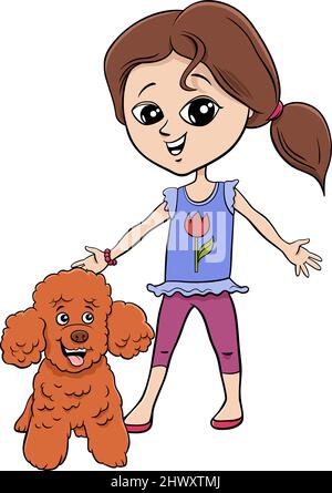 Cartoon illustration of cute girl with poodle dog character Stock Vector