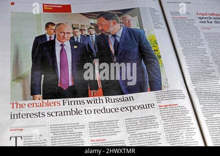 'The enablers Firms with Russian interests scramble to reduce exposure' Putin Guardian newspaper headline clipping 5 March 2022 England UK Britain Stock Photo