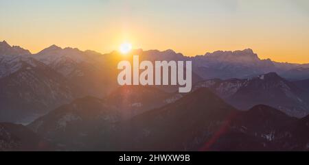 View towards  Karwendel and Zugspitze.  View from mount Schoenberg near Lenggries in the bavarian alps during winter. Germany, Bavaria Stock Photo